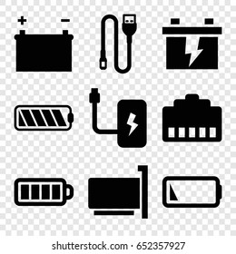 Charger icons set. set of 9 charger filled icons such as battery, baterry, wire, low battery, phone cable