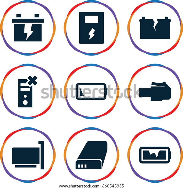 Charger icons set. set of 9 charger filled icons\
such as battery, low battery, broken battery, phone cable, phone\
connection cable