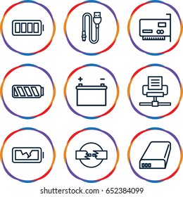 Charger icons set. set of 9 charger outline icons such as wire, battery, ful battery, broken battery, phone connection cable