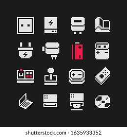 Charger icons set, battery, charger, socket, plug, controller, joystick, drive, laptop, electric switch and battery. Pixel art style. 1-bit sprite. Old school computer graphic style. Isolated vector.