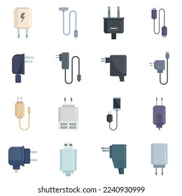 Los iconos del cargador establecen el vector plano. Cargador móvil. Cable Usb aislado