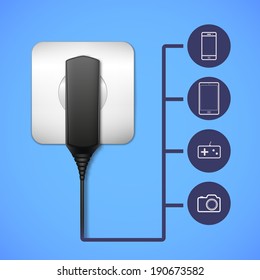 Charger into an electrical outlet. Electronic gadget closeup. Flat icons with gadget views.