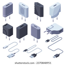 Charger isometric icons set. USB socket plug in. Mobile phone chargers, charging equipment. Vector illustration for web design isolated on white background