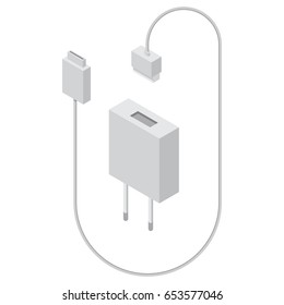 Charger In Isometric View,USB Cord And Plug,Simple Vector Image