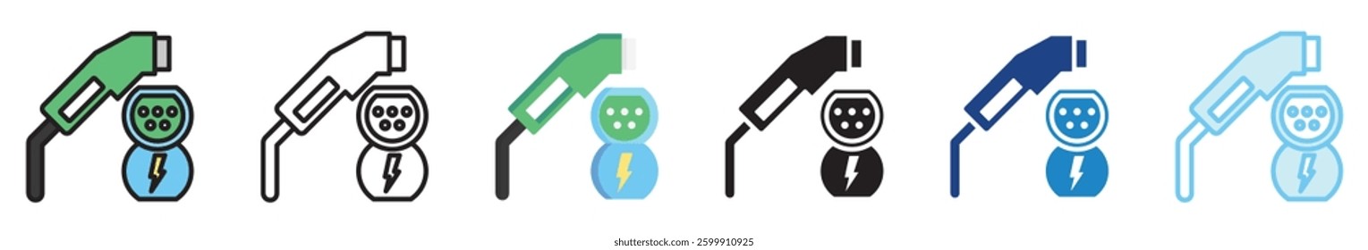 Charger multi style, mini illustration icon set. outline, flat, glyph, line color, UI, UX, app and web, digital or print. vector EPS 10 related to EV, electric car, transportation.