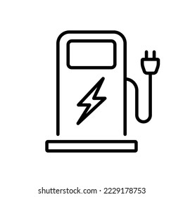 Charger with Plug for Electric Auto Line Icon. Electric Station for Vehicle Car Pictogram. Charge Station for Green Energy Automobile Outline Icon. Editable Stroke. Isolated Vector Illustration. svg