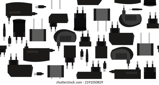 Charger. Power supply for electrical appliances. Electrical plug with rectifier. Isolated on white background. Seamless pattern. Vector.