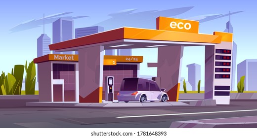 Charger station for electric car with market and prices display. Vector cartoon cityscape with station, cable with plug for charging vehicle battery. Concept of eco fuel, green energy for transport