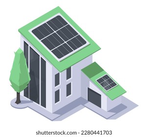 Estación de carga con panel solar en el techo de la casa. Concepto de energía ecológica para un medio ambiente seguro en la ciudad. Energía renovable limpia moderna para la vida en casa. Isometric vector ilustraciones aisladas en el fondo