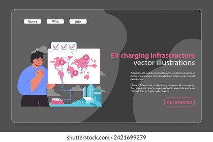 Charging ahead with global EV infrastructure. A visionary look at the spread of electric vehicle charging stations worldwide. Energizing future travel. Flat vector illustration.