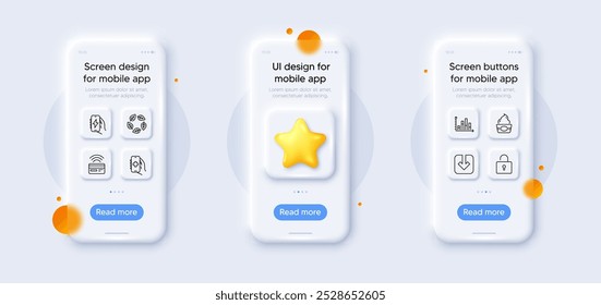 Charging app, Ice cream and Health app line icons pack. 3d phone mockups with star. Glass smartphone screen. Organic tested, Load document, Lock web icon. Vector