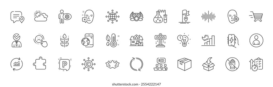 Charging app, Moving service and Chat bubble line icons. Pack of Timer, Sunny weather, Growth chart icon. Dislike, Vacancy, Time management pictogram. Problem skin, Delivery shopping. Vector