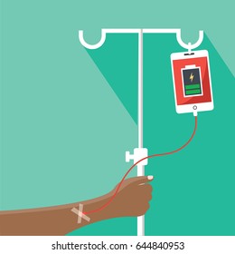 charging battery background with hand isolated. addiction to mobile or cell phone like infusion bag & low levels battery. full of energy vector cartoon modern flat design style 
