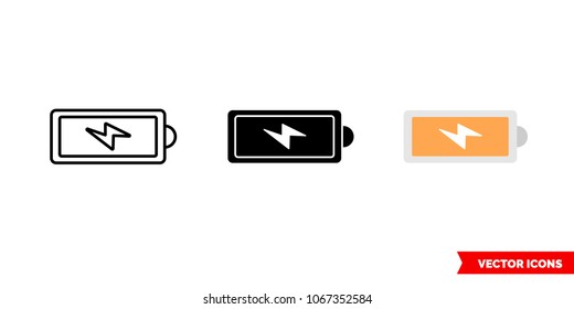 Charging battery icon of 3 types: color, black and white, outline. Isolated vector sign symbol.