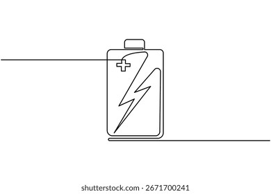 Charging battery icon continuous one line drawing with lightning bolt on white background