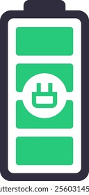 Charging battery icon displaying a plug symbol alongside a vibrant green charge level, illustrating electric power, energy flow, and the charging process for various devices