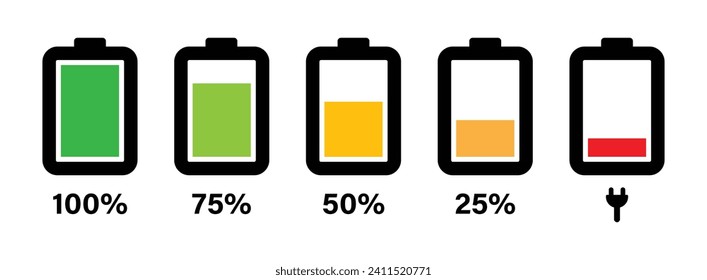 Charging battery icon set with 0% 25%, 50%, 75%, 100% indicator in black and white. Vector battery power icon powerfully charged. Battery icon set 0% to 100% in colorful style. Vector illustration.