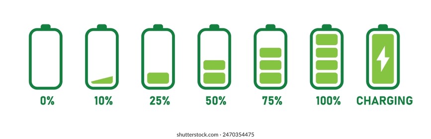 Symbol für Ladeakku mit grüner Anzeige 0,% 25%, 50%, 75%, 100%. Battery Abbuchung flache Symbole. Abbuchung-Anzeige. Vektorgrafik Akku-Stromversorgungssymbol Kraftvoll geladen. Vektorillustration.