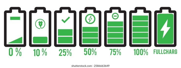 Charging battery icon set with 0,% 25%, 50%, 75%, 100% indicator in green. Battery charge flat icons. Charge indicator. Vector battery power icon powerfully charged. Vector illustration