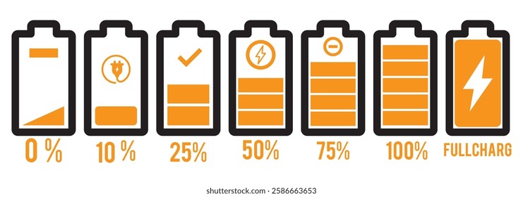 Charging battery icon set with 0,% 25%, 50%, 75%, 100% indicator in green. Battery charge flat icons. Charge indicator. Vector battery power icon powerfully charged. Vector illustration