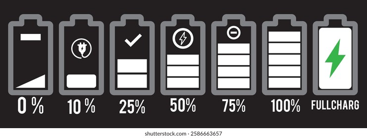 Charging battery icon set with 0,% 25%, 50%, 75%, 100% indicator in green. Battery charge flat icons. Charge indicator. Vector battery power icon powerfully charged. Vector illustration