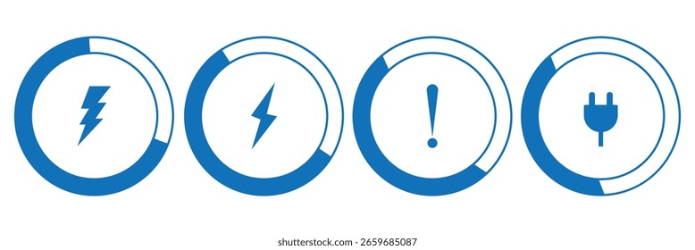 Ladeakku-Icon mit 0,% 25%, 50%, 75%, 100%-Anzeige im bunten Stil. Symbole für die Akkuladung. Gebührenanzeige. Vektorakku-Netzsymbol stark geladen. Batteriesymbol . EPS 10. 