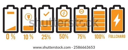 Charging battery icon set with 0,% 25%, 50%, 75%, 100% indicator in green. Battery charge flat icons. Charge indicator. Vector battery power icon powerfully charged. Vector illustration