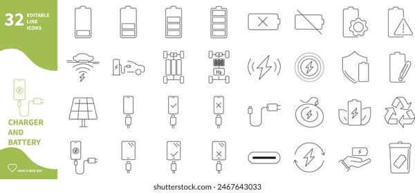 Icono de carga y batería. Conjunto de iconos para tecnología de carga, conexión de carga, reciclaje, energía,...