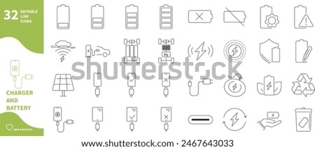 Charging and battery icon. Set of icons for charging technology, charging connection, recycling, energy,...