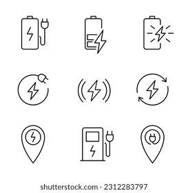 Charging battery icon set. Charging station sign. Lightning, plug, accumulator, station