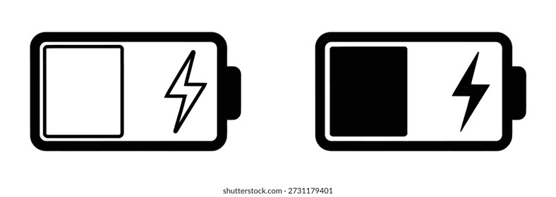Ladebatterie-Symbol-Set - Vektor-Halb-Power-Level-Symbole mit Blitzbolzen in Umriss- und Volltonstilen

