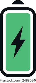 Charging  battery icon vector. Isolated in charge smartphone battery symbol on white background. Black and green battery sign with lightning bolt. Vector illustration.
