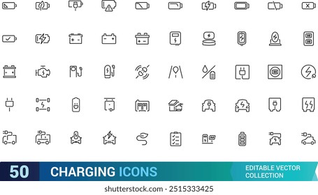 Charging and battery icons set. Outline icon collection. Contains such icons as charger, charger station, power bank and more. Editable vector stroke.