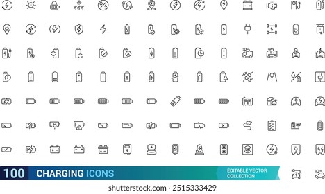 Charging and battery icons set. Outline icon collection. Contains such icons as charger, charger station, power bank and more. Editable vector stroke.