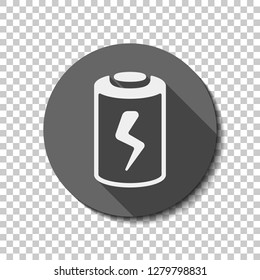 Charging battery with lightning sign, technology icon. flat icon, long shadow, circle, transparent grid. Badge or sticker style