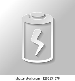 Charging battery with lightning sign, technology icon. Paper style with shadow on gray background
