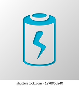 Charging battery with lightning sign, technology icon. Paper design. Cutted symbol with shadow