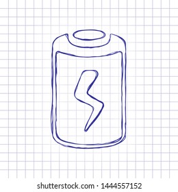 Charging battery with lightning sign, technology icon. Hand drawn picture on paper sheet. Blue ink, outline sketch style. Doodle on checkered background