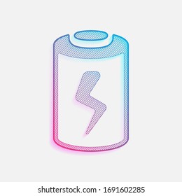 Charging battery with lightning sign, technology icon. Colored logo with diagonal lines and blue-red gradient. Neon graphic, light effect