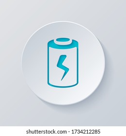 Charging battery with lightning sign, technology icon. Cut circle with gray and blue layers. Paper style