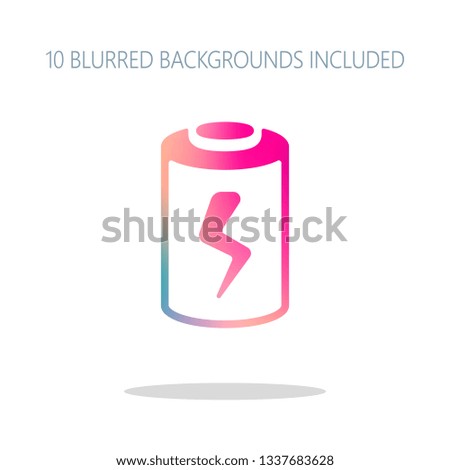 Charging battery with lightning sign, technology icon. Colorful logo concept with simple shadow on white. 10 different blurred backgrounds included