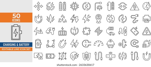 Conjunto de iconos de línea de carga y batería: iconos vectoriales editables de energía, energía, vehículos eléctricos, cargadores y estaciones de carga