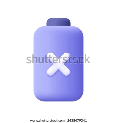 Charging battery, mobile phone battery with close or error cross sign. Low battery warning. 3d vector icon. Cartoon minimal style.