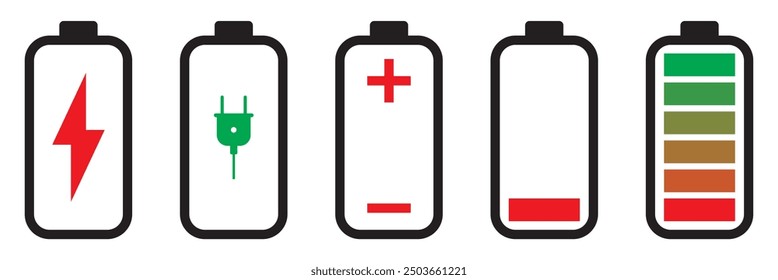 Conjunto de iconos de energía de batería de carga. Ilustración vectorial de símbolo de cargador. Icono de la batería. Ilustración vectorial. EPS 10.