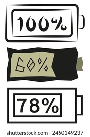 Charging the battery is a thin line and not only that. Battery indicator icons. Vector graphics. EPS 10.