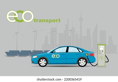 Charging a blue passenger car at an electric charging station against the backdrop of a solar power plant and the silhouette of a big city. Flat vector illustration.