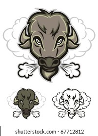 A charging buffalo head blowing out his nostrils.
