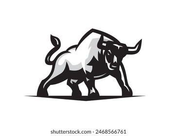 In: Charging Bull Vektorillustration. Wütender Stier in einer aufladenden Pose bereit zum Angriff. Starke Bull Design-Vorlage.