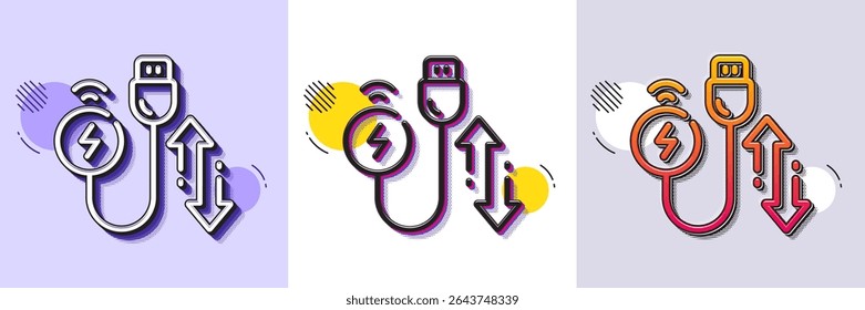 Icono de línea de cable de carga. Patrón punteado de semitono. Icono de degradado con sombra de grano. Signo de accesorios móviles. Símbolo del adaptador de Recargo. Icono de cable de carga de línea. Varios diseños. Vector