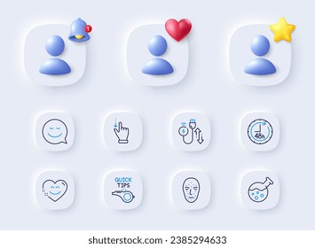 Charging cable, Smile and Smile chat line icons. Placeholder with 3d bell, star, heart. Pack of Touchscreen gesture, Face biometrics, 48 hours icon. Chemistry lab, Tutorials pictogram. Vector